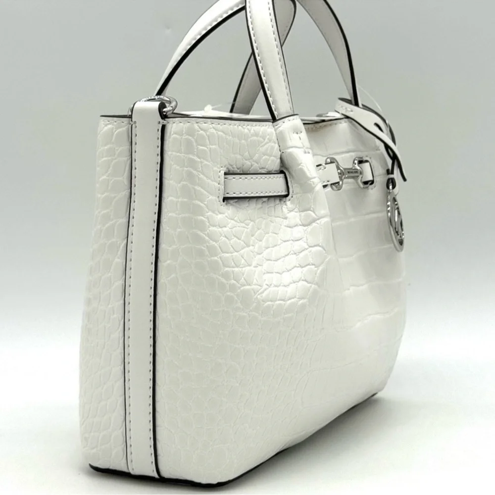 Michael Kors Carson Small Crocodile Embossed Satchel Bag Optic White
